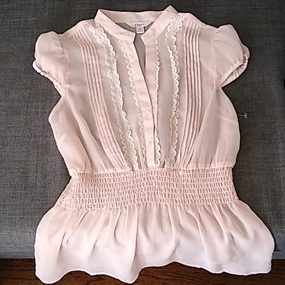 light pink, feminine, sheer short sleeve blouse